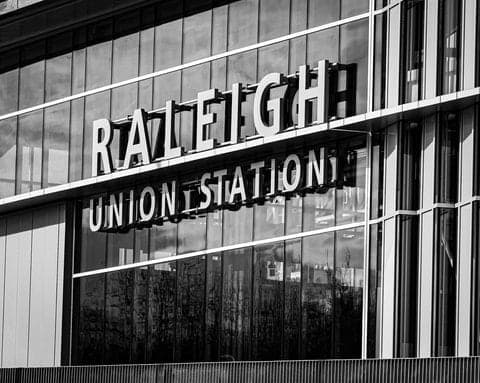Raleigh Union Station sign, black and white