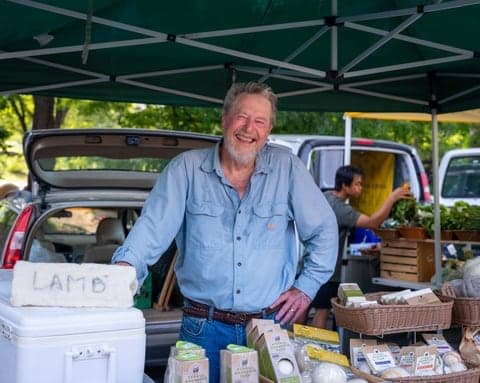 Farmers market vendor selling local lamb