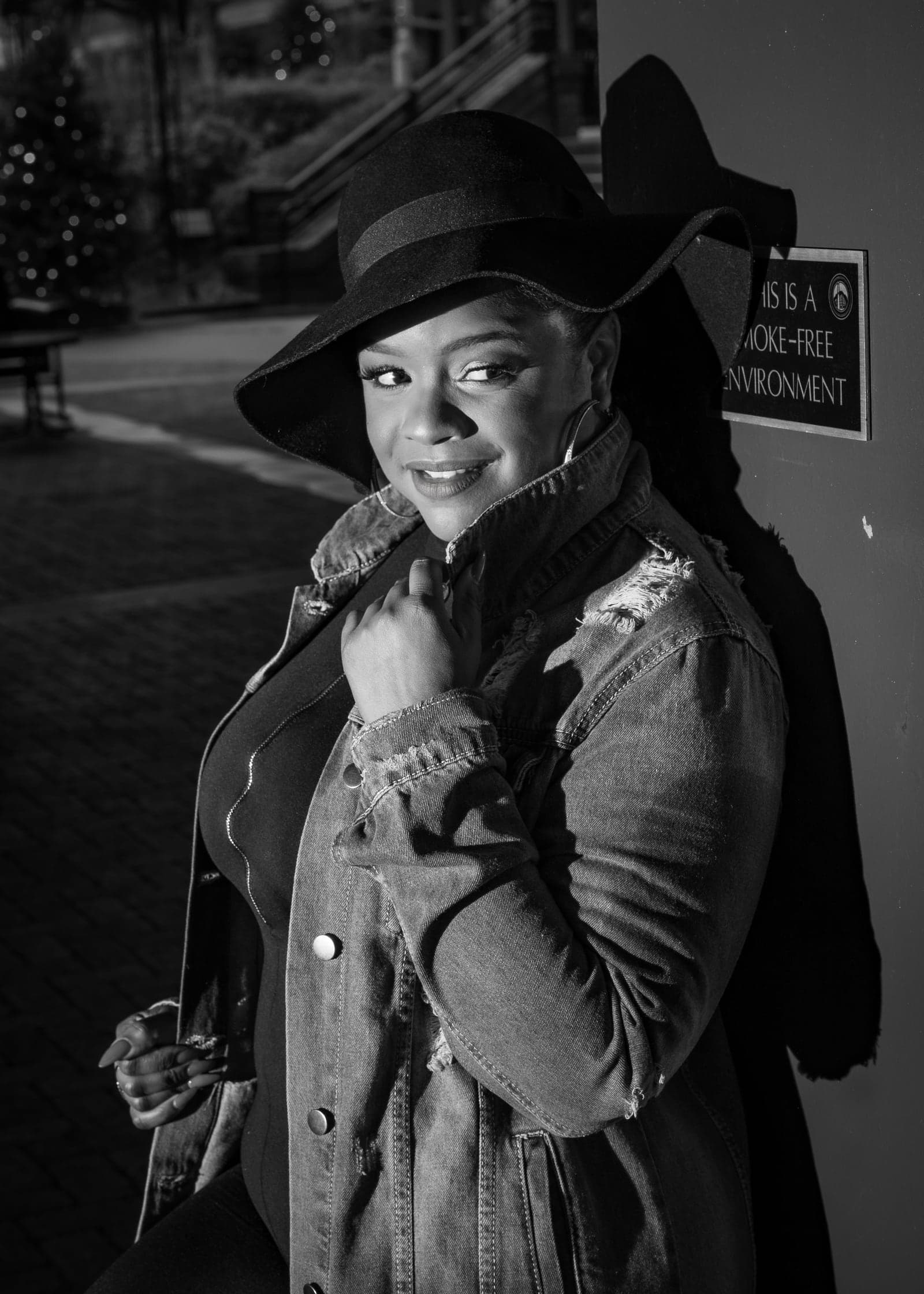 Black and white portrait at a downtown market